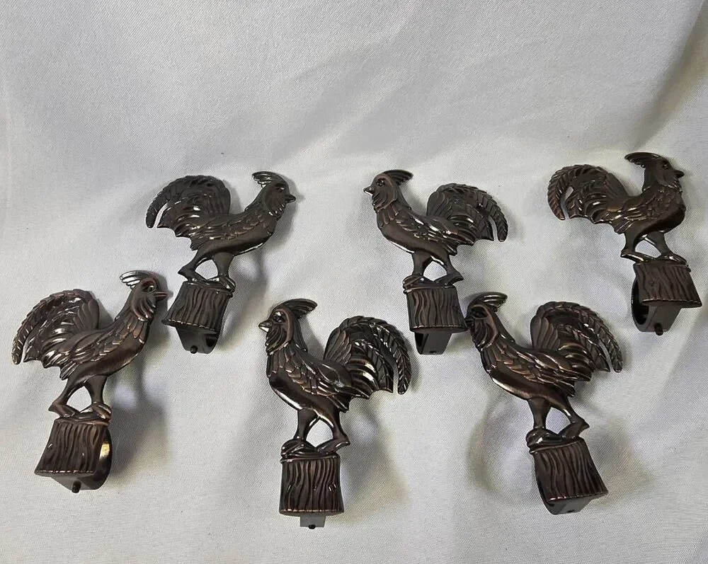 Vintage Kirsch Waverly Rooster Curtain Rod Finials Rosettes - Bronze Finish - Se